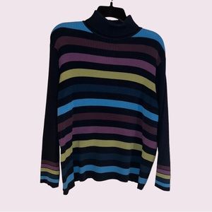 Karen Scott Woman Navy Blue & Purple Striped Sweater Turtleneck 2X